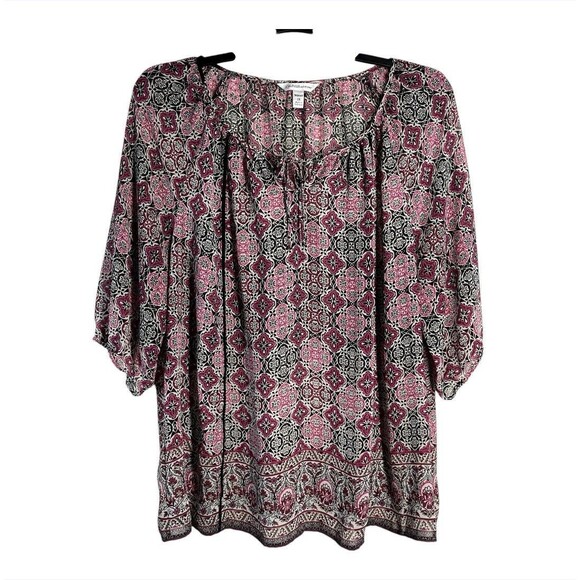 Croft & Barrow 1X Magenta Medallion Print Blouse 3/4 Sleeve Stretch Boho Peasant - Picture 2 of 8
